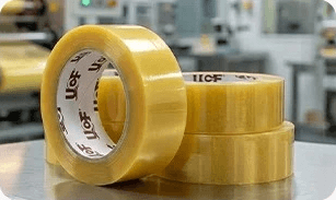 Stacked rolls of clear UCF-branded cut-to-pack adhesive tape