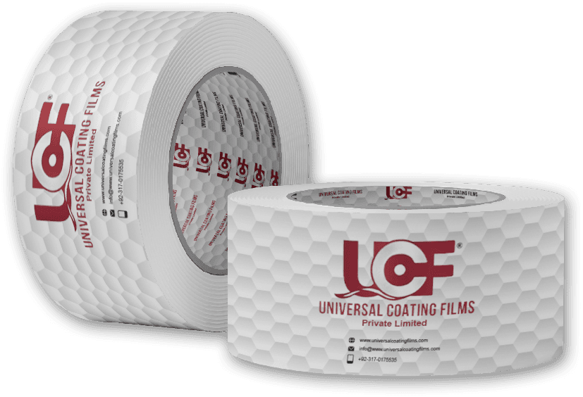Two rolls of tape printed with the Universal Coating Films logo and contact details